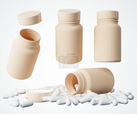 Téléchargez les photos : Réaliste beige bocal médical en plastique avec capsules de vitamine rendu 3D, différentes vues de récipient de pharmacie avec conception de pilules prêt à être maquillé, modèle commercial isolé sur fond blanc - en image libre de droit