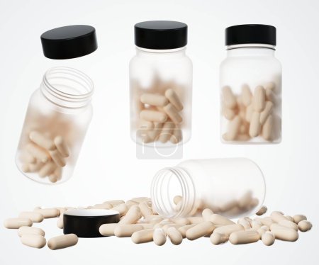 Téléchargez les photos : Pot médical en plastique transparent réaliste avec capsules vitaminées rendu 3D, différentes vues de récipient de pharmacie avec conception de pilules prêt à être maquillé, modèle commercial isolé sur fond blanc - en image libre de droit