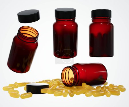 Téléchargez les photos : Réaliste bocal médical en plastique brun avec capsules de vitamine rendu 3D, différentes vues de récipient de pharmacie avec conception de pilules prêt à être maquillé, modèle commercial isolé sur fond blanc - en image libre de droit