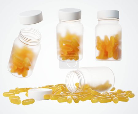 Téléchargez les photos : Pot médical en plastique réaliste avec capsules de vitamines jaunes rendu 3D, différentes vues de récipient de pharmacie avec conception de pilules prêt à être maquillé, modèle commercial isolé sur fond blanc - en image libre de droit