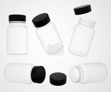 Téléchargez les photos : Pot médical en plastique transparent avec capuchon noir rendu 3D, modèle de produit commercial, modèle réaliste de récipient de pharmacie de plusieurs vues, ensemble d'emballage prêt à la conception de bouteille de vitamine - en image libre de droit