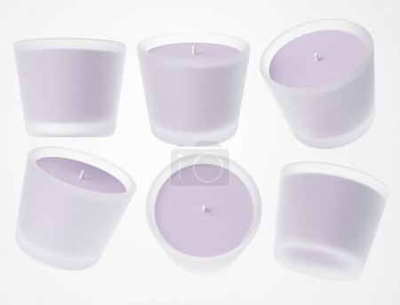 Téléchargez les photos : Bougie conteneur en verre maquette rendu 3D, bougie violette parfumée lavande avec modèle prêt pour la conception de mèche de coton pour l'image de marque et la visualisation du produit - en image libre de droit