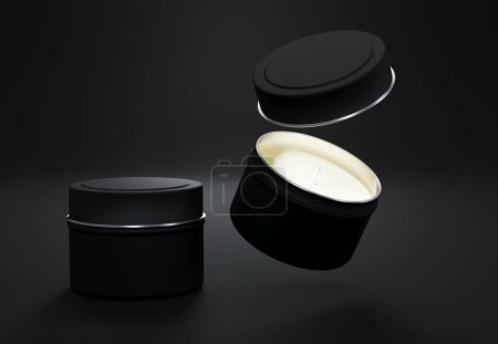 Foto de Vela contenedor caja de lata maqueta sobre fondo negro renderizado en 3D, vela de viaje puede plantilla para el diseño de marca y broduct packaging - Imagen libre de derechos