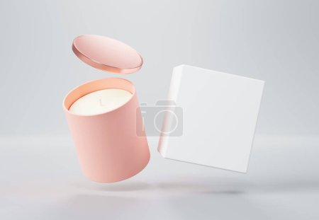 Téléchargez les photos : Bougie en verre beige en céramique avec couvercle en or rose et boîte Modèle de rendu 3D, conception flottante de récipient de bougie parfumée et gabarit prêt à l'image de marque sur fond gris - en image libre de droit