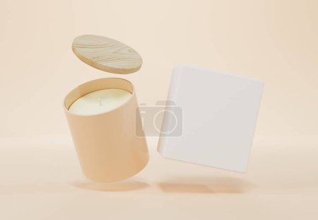 Téléchargez les photos : Bougie en verre en céramique beige avec couvercle en bois et boîte Modèle de rendu 3D, conception flottante de récipient de bougie parfumée et gabarit prêt à l'image de marque sur fond gris - en image libre de droit