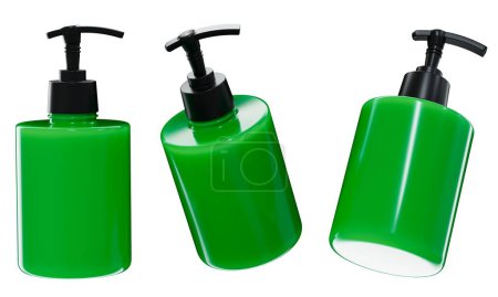 Téléchargez les photos : Modèle de bouteille de produit de soins en plastique vert isolé sur fond blanc, gel douche et savon liquide ensemble d'emballage - en image libre de droit