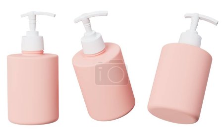 Photo for Cosmetic dispenser mockup 3D render, pink plastic care product bottle template isolated on white background, shower gel and liquid soap packaging set - Royalty Free Image