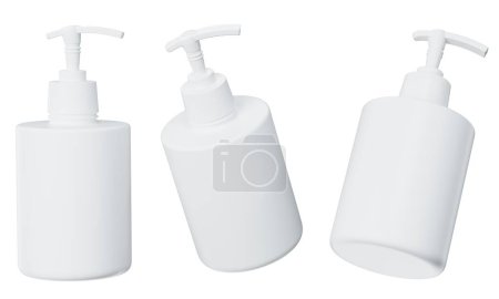 Téléchargez les photos : Modèle de bouteille de produit de soins en plastique blanc isolé sur fond blanc, gel douche et kit d'emballage de savon liquide - en image libre de droit
