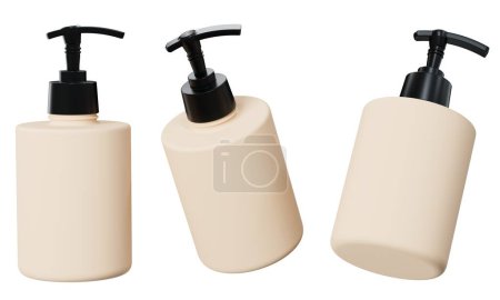 Téléchargez les photos : Modèle de bouteille de produit de soins en plastique beige isolé sur fond blanc, gel douche et ensemble d'emballage de savon liquide - en image libre de droit