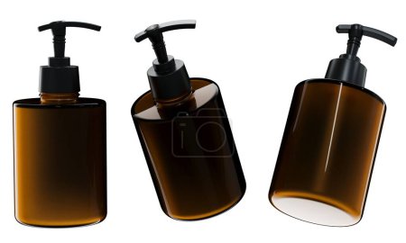 Photo for Cosmetic dispenser mockup 3D render, brown plastic care product bottle template isolated on white background, shower gel and liquid soap packaging set - Royalty Free Image
