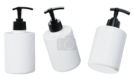 Téléchargez les photos : Modèle de bouteille de produit de soins en plastique blanc isolé sur fond blanc, gel douche et kit d'emballage de savon liquide - en image libre de droit