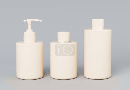 Téléchargez les photos : Trois différentes bouteilles de produits cosmétiques beige mis modèle sur fond gris rendu 3D, cheveux et soins du corps liquide paskaging pots maquette, distributeur en plastique et récipient de shampooing - en image libre de droit