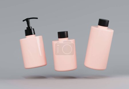 Téléchargez les photos : Trois différents produits cosmétiques en plastique rose flacons flottants mis modèle sur fond gris rendu 3D, cheveux et soins du corps liquide paskaging pots maquette, distributeur en plastique et récipient de shampooing - en image libre de droit