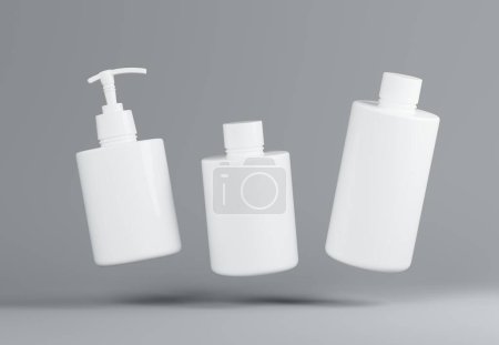 Téléchargez les photos : Trois différents produits cosmétiques en plastique blanc flacons flottants mis modèle sur fond gris rendu 3D, cheveux et soins du corps liquide paskaging pots maquette, distributeur en plastique et récipient de shampooing - en image libre de droit