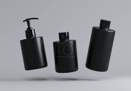 Téléchargez les photos : Trois différents produits cosmétiques en plastique noir flottant bouteilles ensemble modèle sur fond gris rendu 3D, cheveux et soins du corps liquide paskaging pots maquette, distributeur en plastique et récipient de shampooing - en image libre de droit