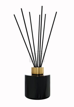 Foto de Difusor de aroma botella de cerámica negra con tapa de oro y palos de renderizado 3D, diseño de producto aromático listo maqueta sobre fondo blanco aislado - Imagen libre de derechos