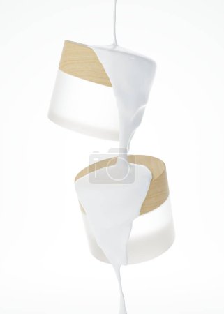 Téléchargez les photos : Deux pots cosmétiques flottants et crème liquide coulant d'en haut rendu 3D, emballage de produits de soins maquette commerciale isolé sur fond blanc - en image libre de droit