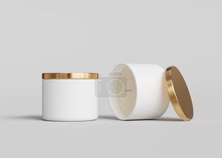 Téléchargez les photos : Deux pots de bougie en céramique blanche avec couvercles en or maquette, modèle d'emballage de bougie conteneur sur fond gris rendu 3D - en image libre de droit