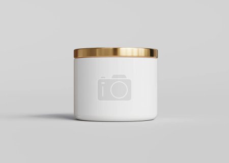 Téléchargez les photos : Pot de bougie en céramique blanche avec couvercle doré maquette vue de face, modèle d'emballage de bougie conteneur sur fond gris rendu 3D - en image libre de droit