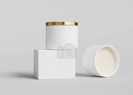 Téléchargez les photos : Pot de bougie en céramique blanche avec couvercle en or et boîte vide vue de face debout et maquette de pose, modèle d'emballage de bougie de récipient sur fond gris rendu 3D - en image libre de droit