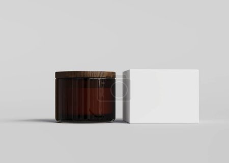 Téléchargez les photos : Conteneur de bougie en verre ambré et maquette de boîte en carton blanc sur fond gris rendu 3D, modèle d'emballage de bougie aromatique, produit prêt à la conception gros plan - en image libre de droit