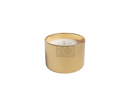 Photo for Open yellow gold candle jar isolated on transparent background, scented container candle mockup, design-ready product - Royalty Free Image
