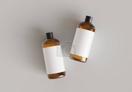 Téléchargez les photos : Deux récipients cosmétiques en plastique marron avec étiquettes, bouteilles de shampooing posées sur fond gris vue de face maquette de rendu 3D, modèle commercial prêt à dessiner - en image libre de droit