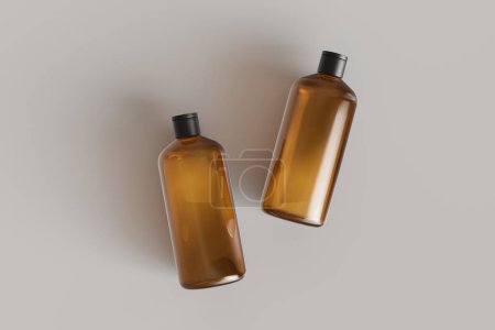 Photo for Two brown plastic cosmetic containers, shampoo bottles laying on gray background front view 3D render mockup, commercial branding desing-ready template - Royalty Free Image