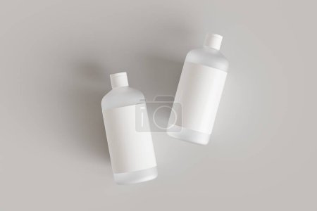 Téléchargez les photos : Deux récipients cosmétiques en plastique avec étiquettes, bouteilles de shampooing posées sur fond gris vue de face maquette de rendu 3D, modèle commercial prêt à dessiner - en image libre de droit