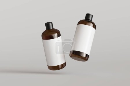 Téléchargez les photos : Deux récipients cosmétiques en plastique marron avec étiquettes, bouteilles de shampooing flottant sur fond gris vue de face maquette de rendu 3D, modèle commercial prêt à dessiner - en image libre de droit