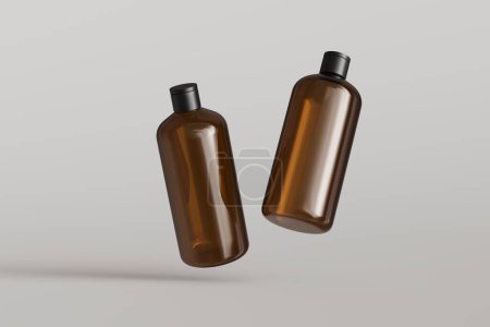 Téléchargez les photos : Deux contenants cosmétiques en plastique marron, bouteilles de shampooing flottant sur fond gris vue de face maquette de rendu 3D, modèle commercial prêt à dessiner - en image libre de droit