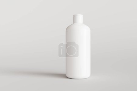 Foto de Botella de champú de plástico blanco sobre fondo gris vista frontal maqueta de renderizado 3D, plantilla de diseño de marca comercial - Imagen libre de derechos