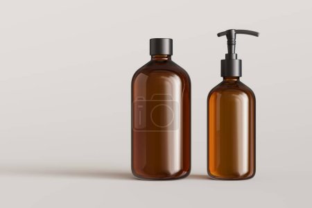 Two brown plastic cosmetic containers, shampoo bottle and soap pump on gray background front view 3D render mockup, commercial branding desing-ready template