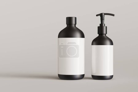 Téléchargez les photos : Deux récipients cosmétiques noirs avec étiquettes, bouteille de shampooing et pompe à savon sur fond gris vue de face maquette de rendu 3D, modèle commercial prêt à dessiner - en image libre de droit