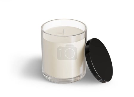 Photo for Minimalist candle mockup, clear glass candle jar with glossy black lid open design-ready 3D render template isolated on white background - Royalty Free Image