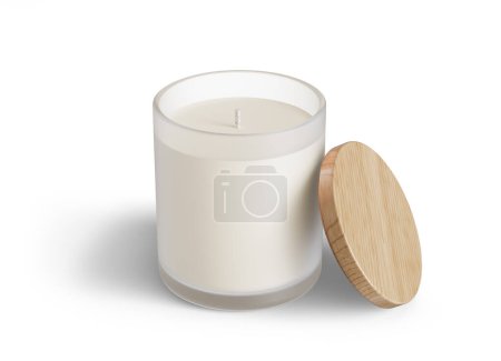 Photo for Minimalist candle mockup, frosted glass candle jar with wooden lid open design-ready 3D render template isolated on white background - Royalty Free Image