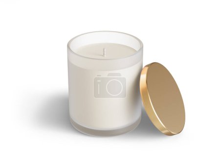 Photo for Minimalist candle mockup, frosted glass candle jar with golden lid open design-ready 3D render template isolated on white background - Royalty Free Image