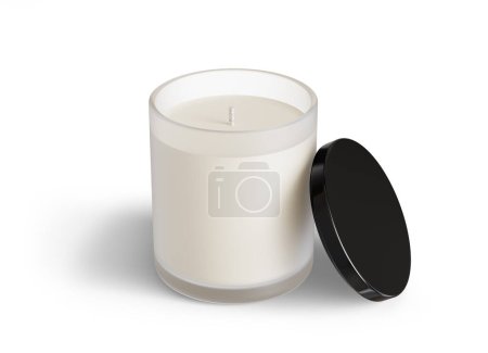 Photo for Minimalist candle mockup, frosted glass candle jar with glossy black lid open design-ready 3D render template isolated on white background - Royalty Free Image