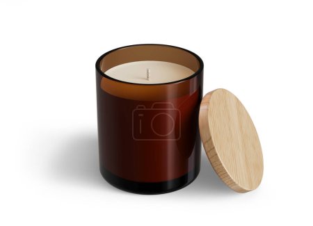 Photo for Minimalist candle mockup, amber glass candle jar with wooden lid open design-ready 3D render template isolated on white background - Royalty Free Image