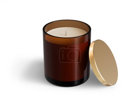 Téléchargez les photos : Modèle de bougie minimaliste, pot de bougie en verre ambré avec couvercle doré modèle de rendu 3D ouvert et prêt à l'emploi isolé sur fond blanc - en image libre de droit