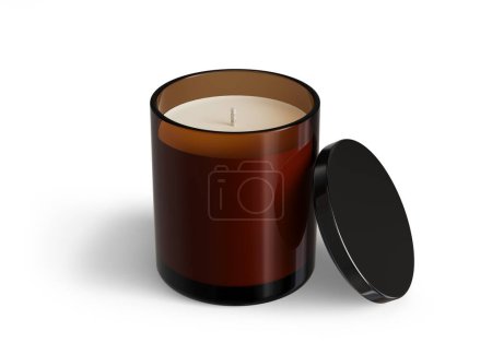 Téléchargez les photos : Modèle de bougie minimaliste, pot de bougie en verre ambré avec couvercle noir brillant ouvert modèle de rendu 3D prêt pour la conception isolé sur fond blanc - en image libre de droit