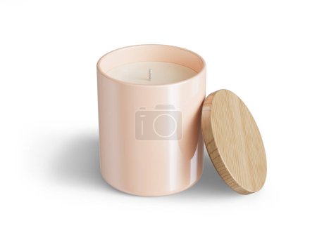 Photo for Minimalist candle mockup, beige ceramic candle jar with wooden lid open design-ready 3D render template isolated on white background - Royalty Free Image