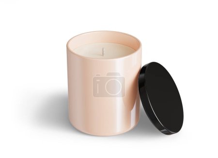 Photo for Minimalist candle mockup, beige ceramic candle jar with glossy black lid open design-ready 3D render template isolated on white background - Royalty Free Image