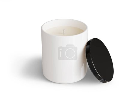 Téléchargez les photos : Modèle de bougie minimaliste, pot de bougie en céramique blanche avec couvercle noir brillant ouvert modèle de rendu 3D prêt pour la conception isolé sur fond blanc - en image libre de droit