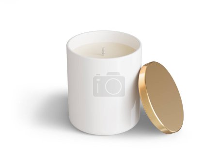 Téléchargez les photos : Modèle de bougie minimaliste, pot de bougie en céramique blanche avec couvercle en or modèle de rendu 3D ouvert prêt pour la conception isolé sur fond blanc - en image libre de droit