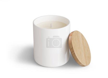 Téléchargez les photos : Modèle de bougie minimaliste, pot de bougie en céramique blanche avec couvercle en bois ouvert modèle de rendu 3D prêt pour la conception isolé sur fond blanc - en image libre de droit