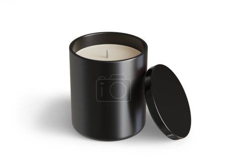Photo for Minimalist candle mockup, black ceramic candle jar with glossy black lid open design-ready 3D render template isolated on white background - Royalty Free Image
