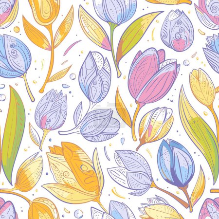 Téléchargez les photos : Motif floral aux couleurs pastel, tulipes stylisées, fleurs printanières et feuilles sur fond blanc, illustration vectorielle - en image libre de droit