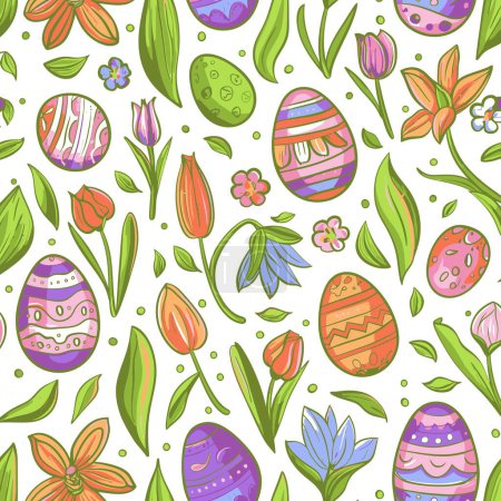 Photo for Easter pattern, spring flowers and colorful decorated eggs on white background, square vector illustration - Royalty Free Image