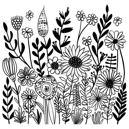 Photo for Black and white illustration of flowers and plants, minimalist styled florals, simplistic springtime background - Royalty Free Image